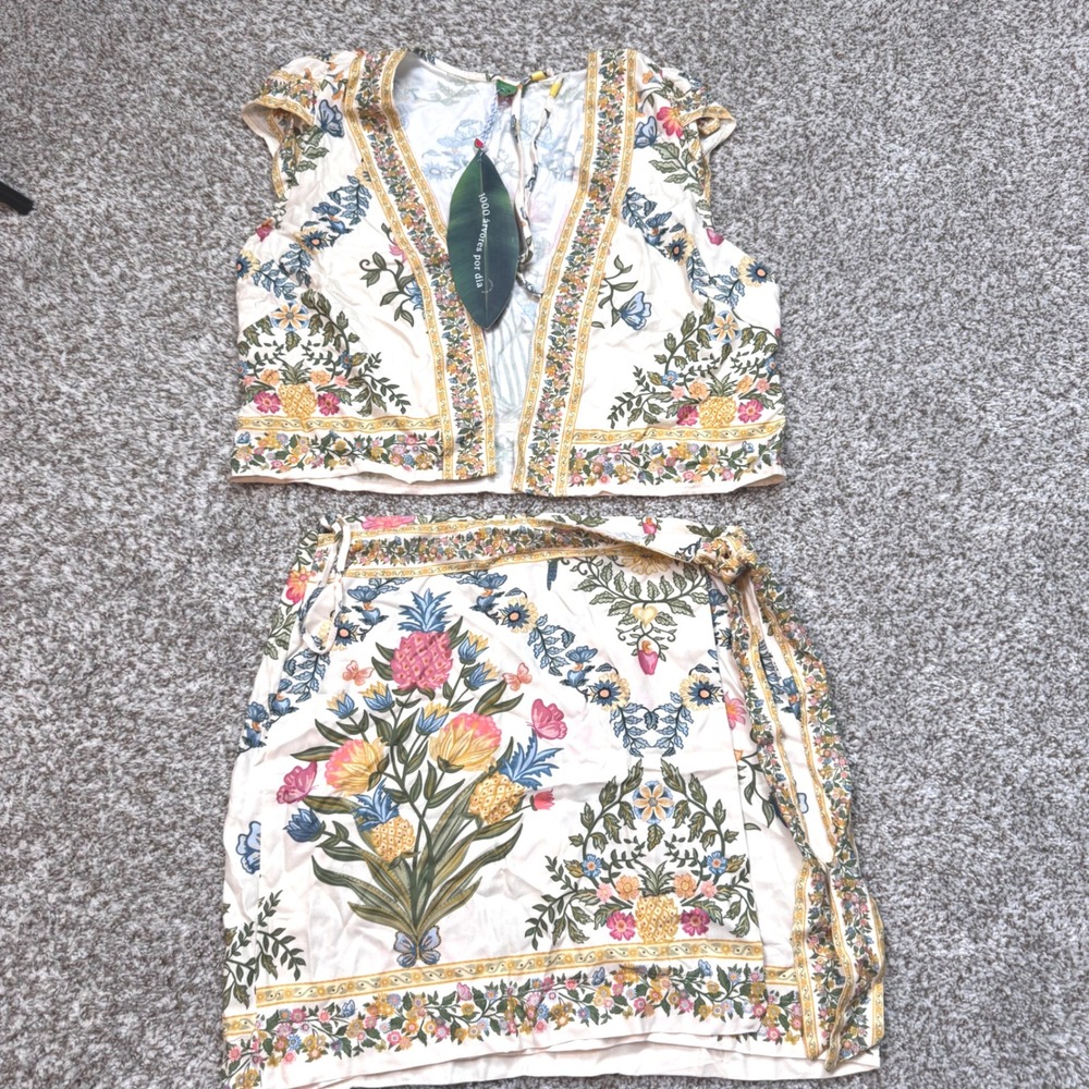 Farm Rio Tropical Floral Print Embroidered Top & Wrap Skirt Set Women's Large - Picture 1 of 11